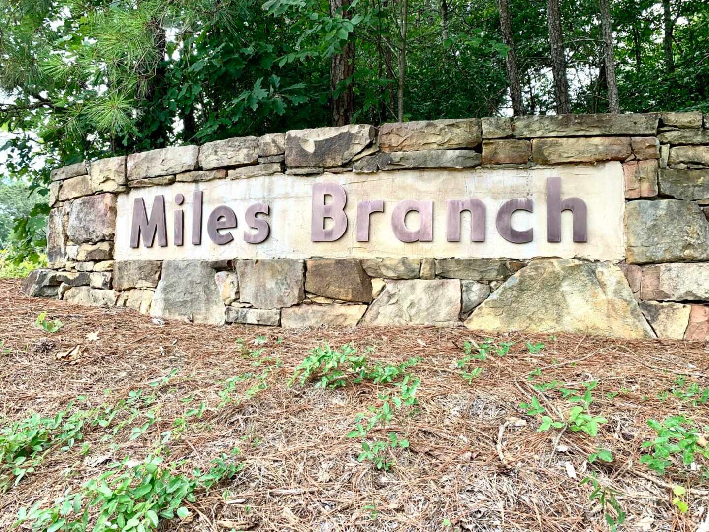 Miles Branch Name On a Wall and trees behind it